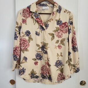 Liz Claiborne Long Sleeve Botton Down Cream Floral Blouse